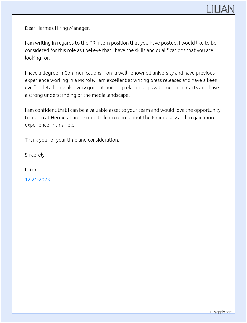 PR intern At hermes Cover Letter