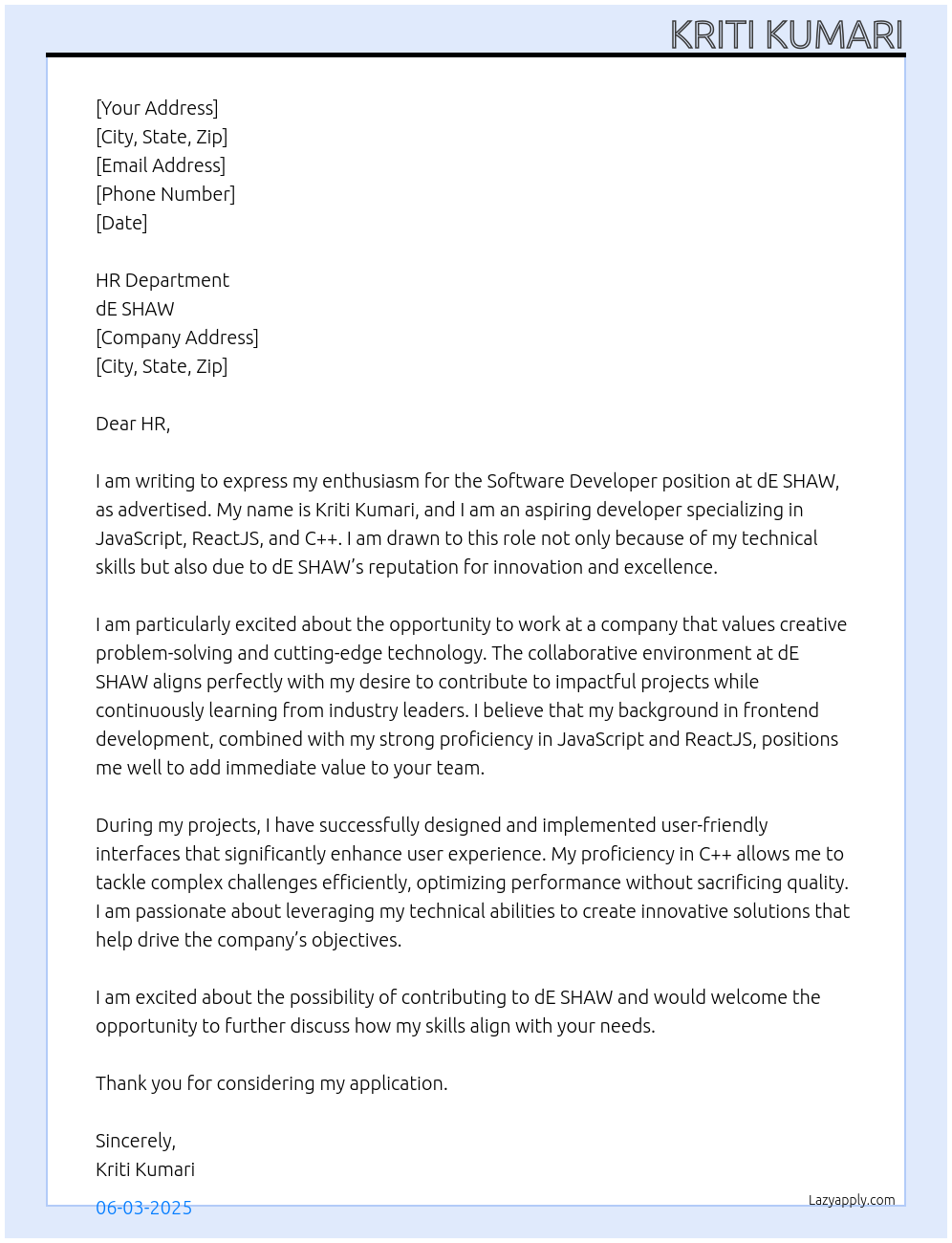 software developer At dE SHAW Cover Letter