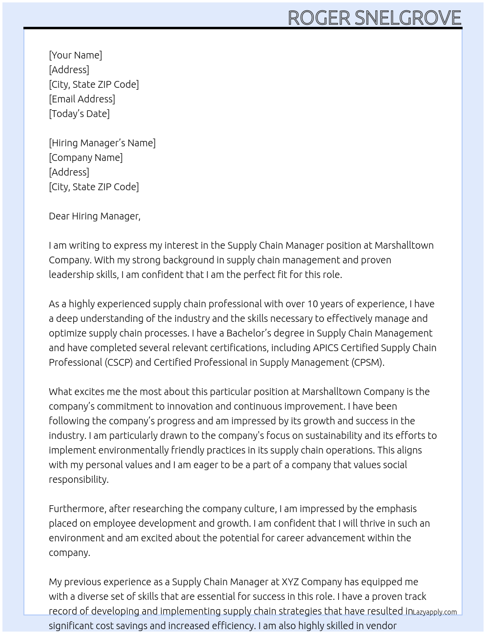 Supply Chain Manager At Marshalltown Company Cover Letter