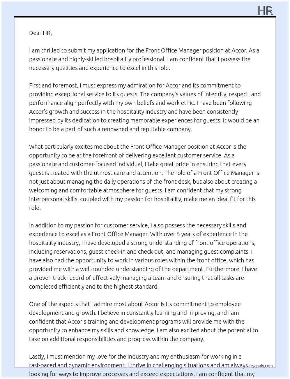 front office manager At accor Cover Letter