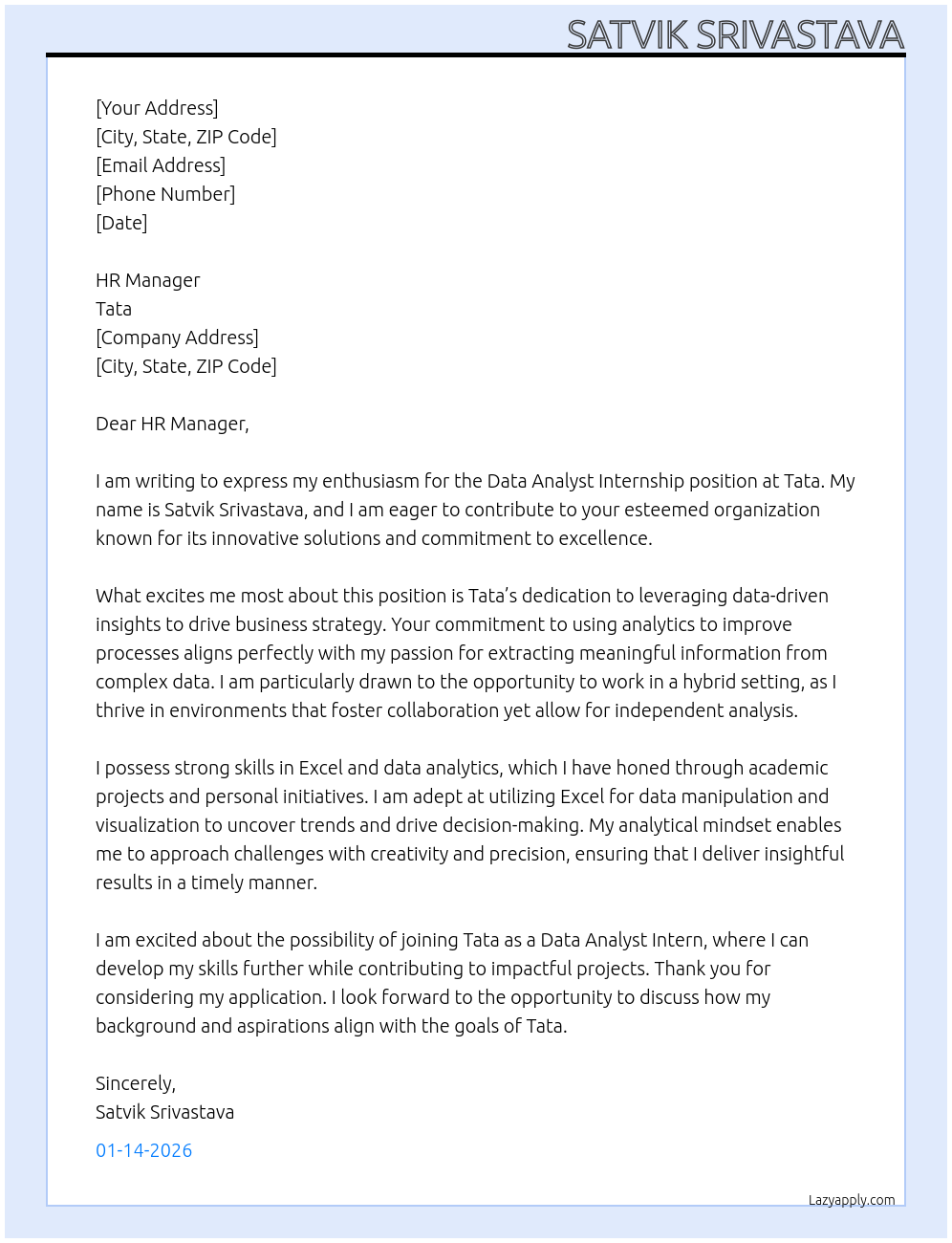 Data Analyst At Tata Cover Letter