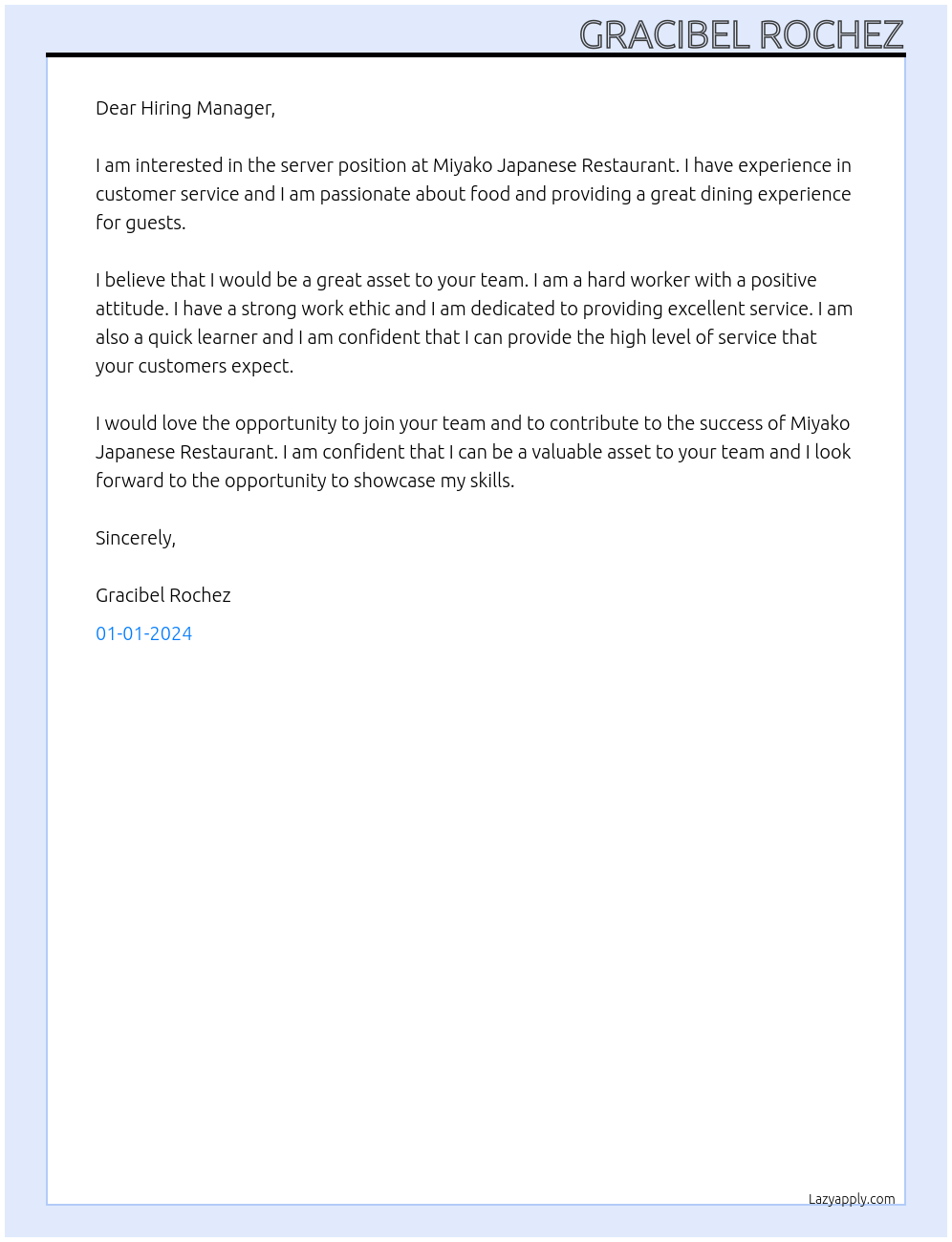 Server At Miyako Japanese Restaurant Cover Letter