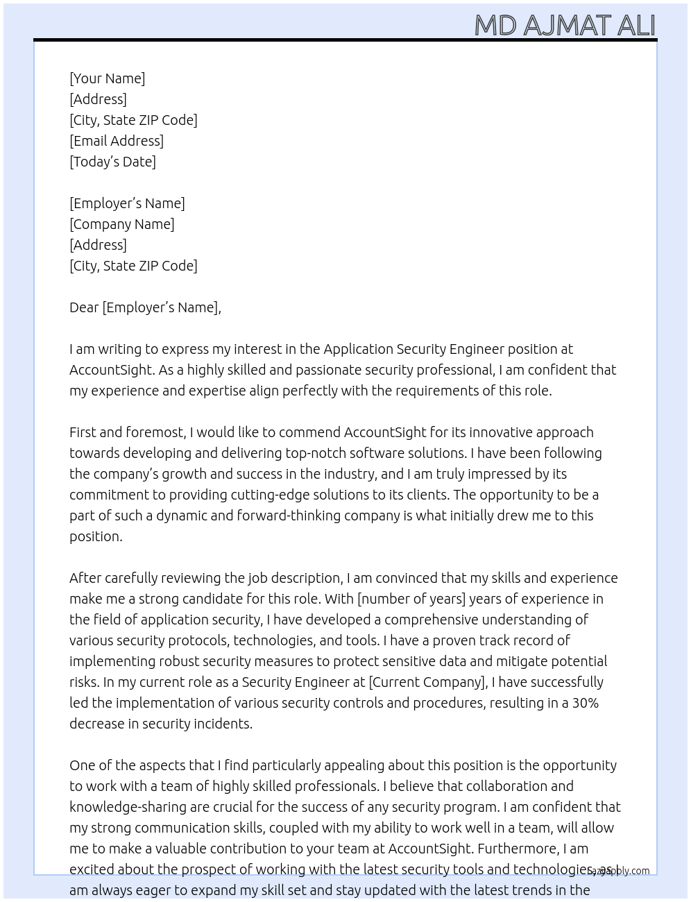 Application Security Engineer At AccountSight Cover Letter