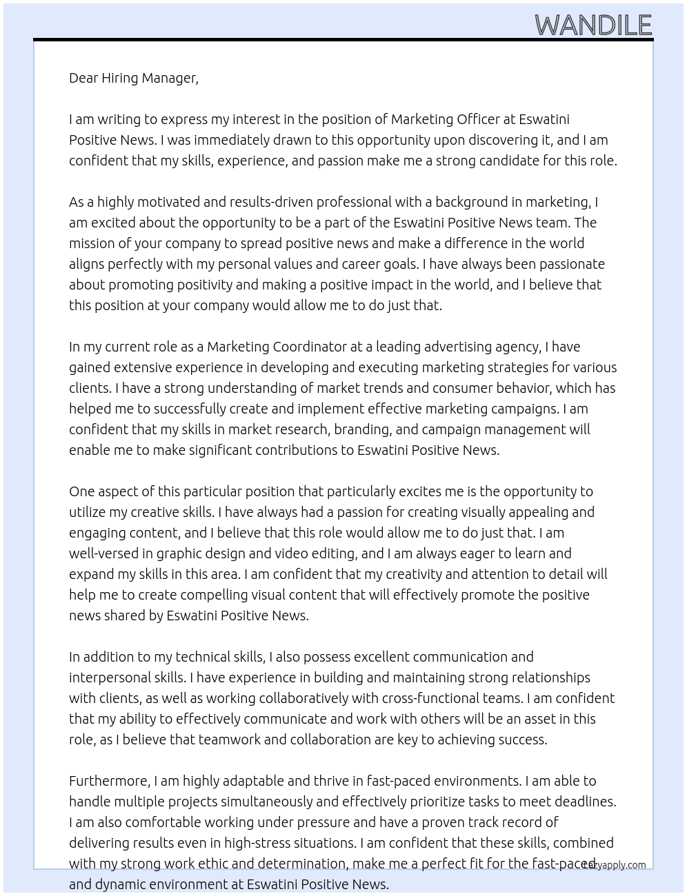 Marketing officer At Eswatini Positive News Cover Letter