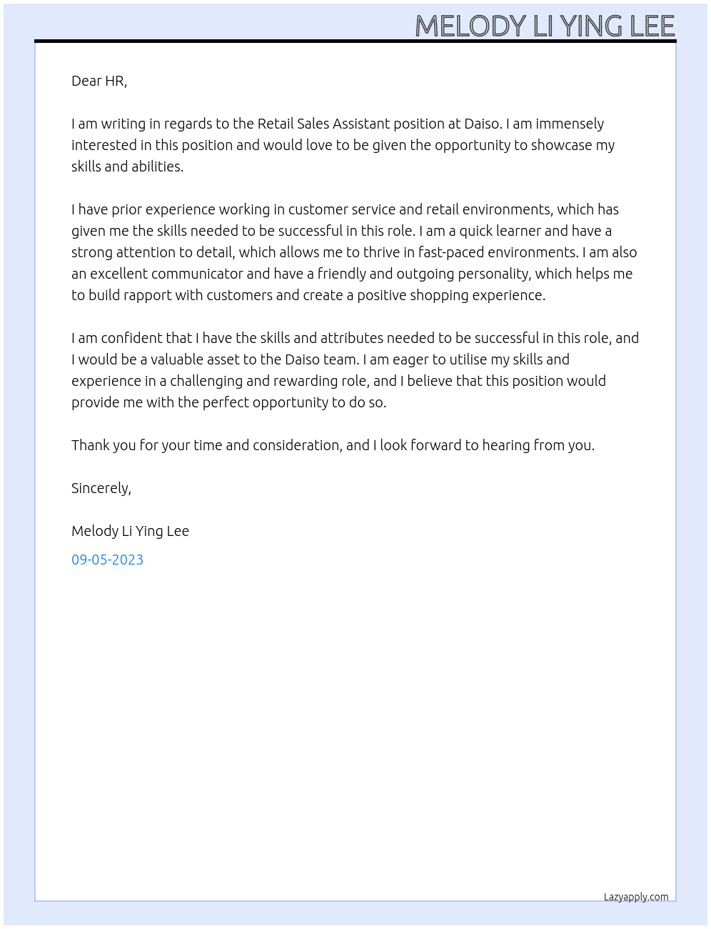 Retail Sales Assistant At Daiso Cover Letter