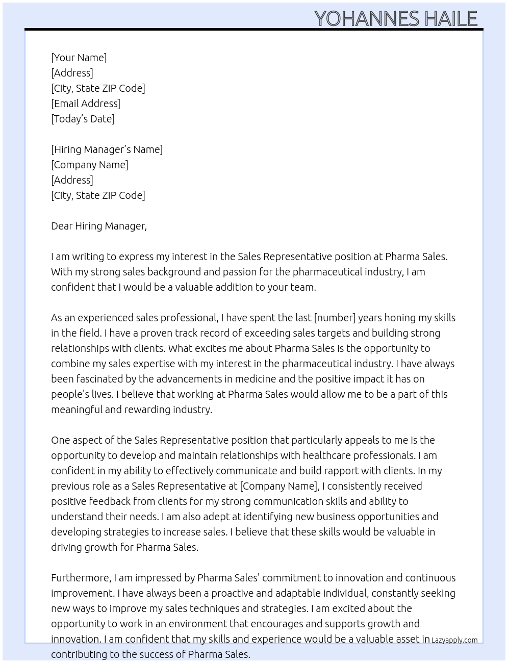 Sales representative At Pharma sales Cover Letter