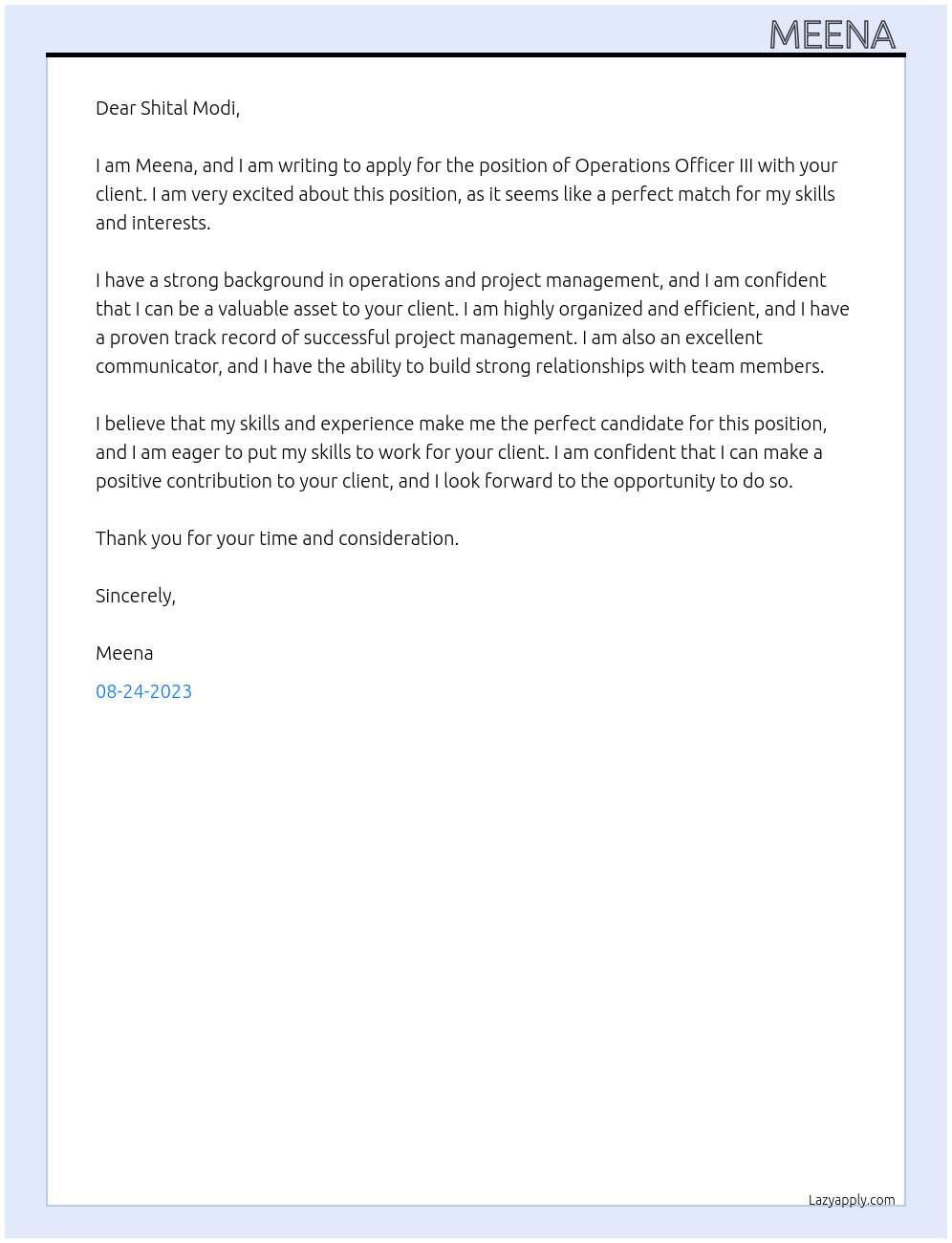 Operations Officer III At your client Cover Letter