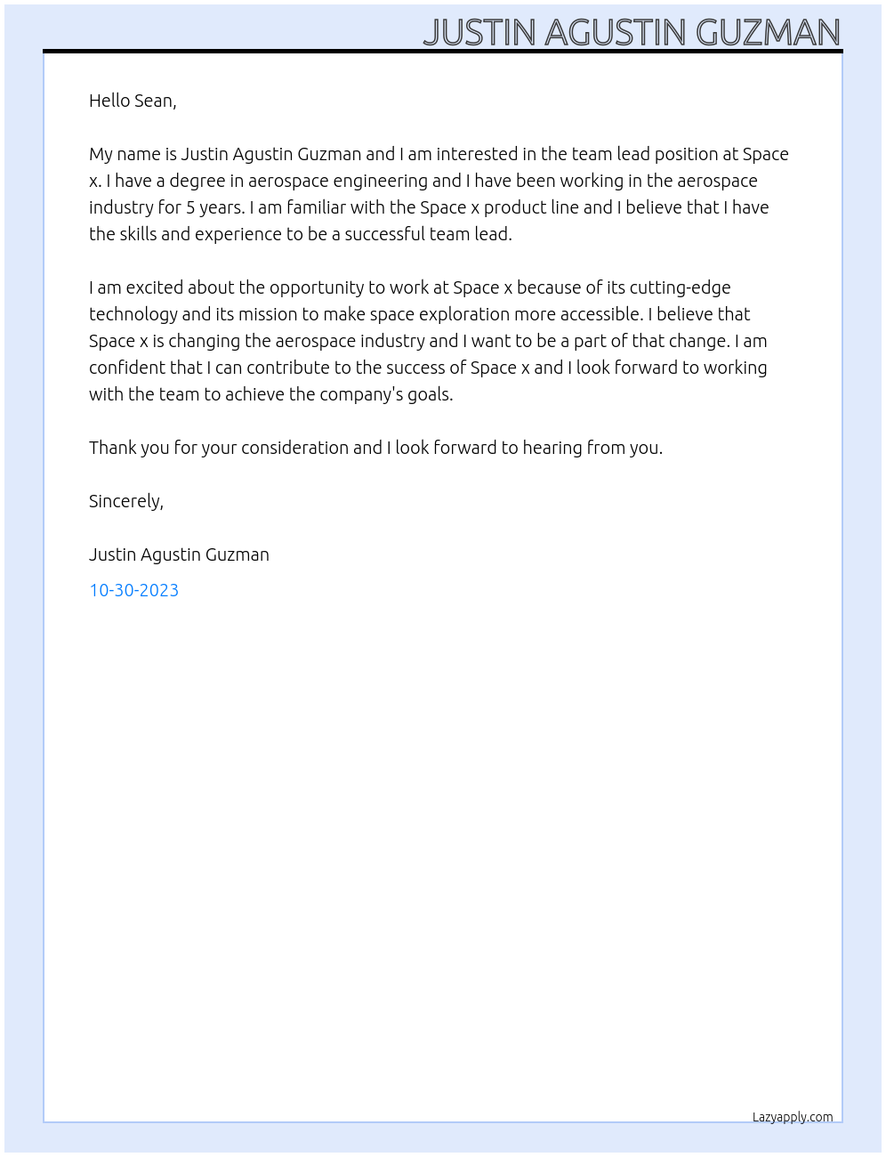 Team Lead At Space x Cover Letter