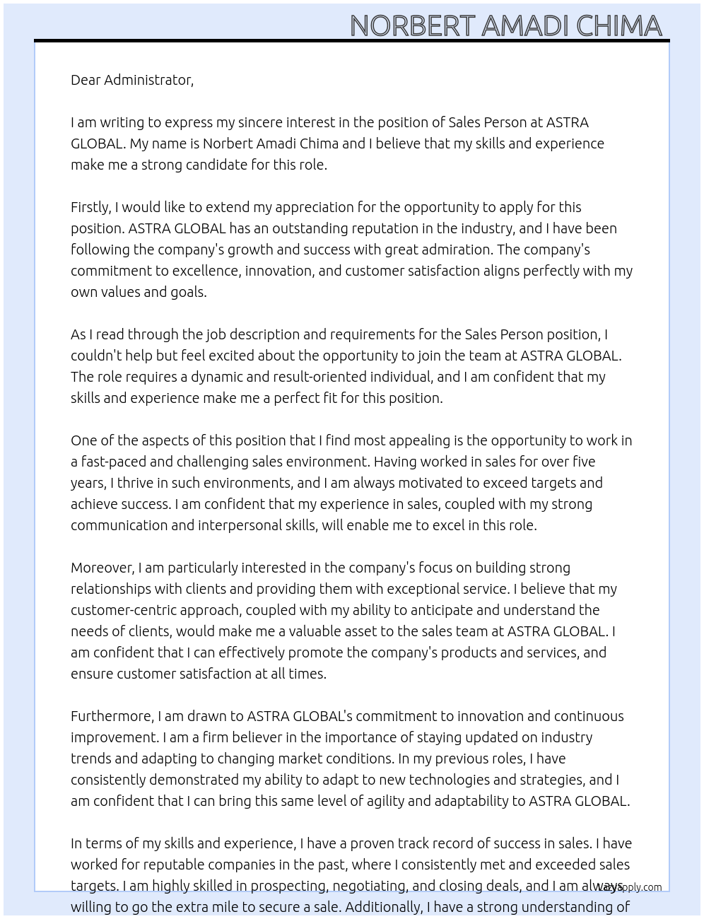 Sales Person At ASTRA GLOBAL Cover Letter