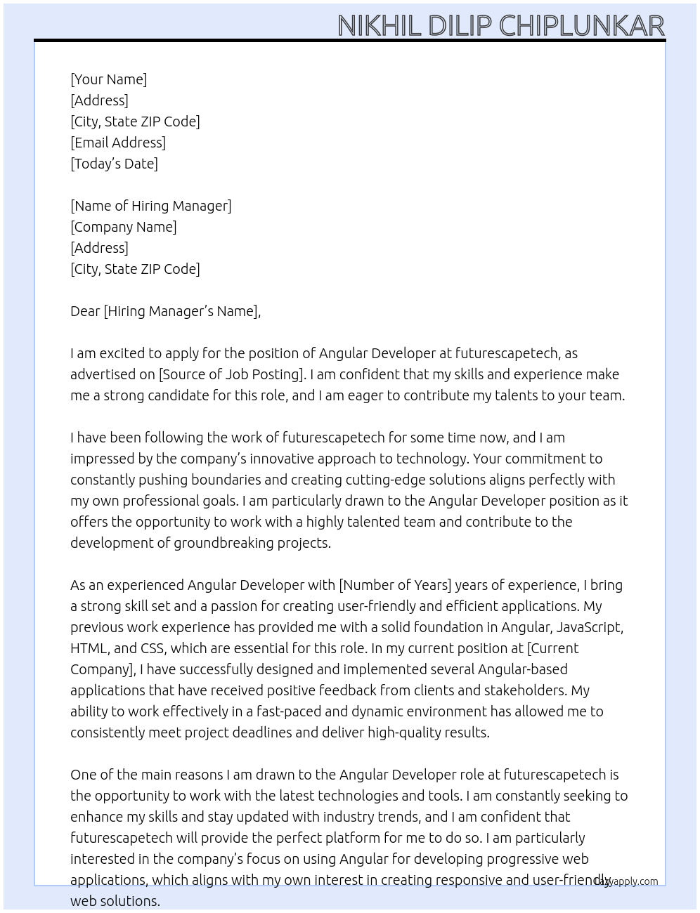 Angular Developer At futurescapetech Cover Letter