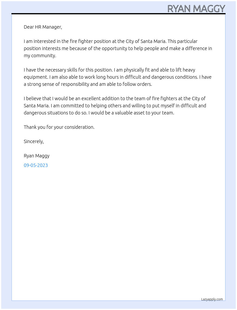 Fire Fighter At City of Santa Maria Cover Letter