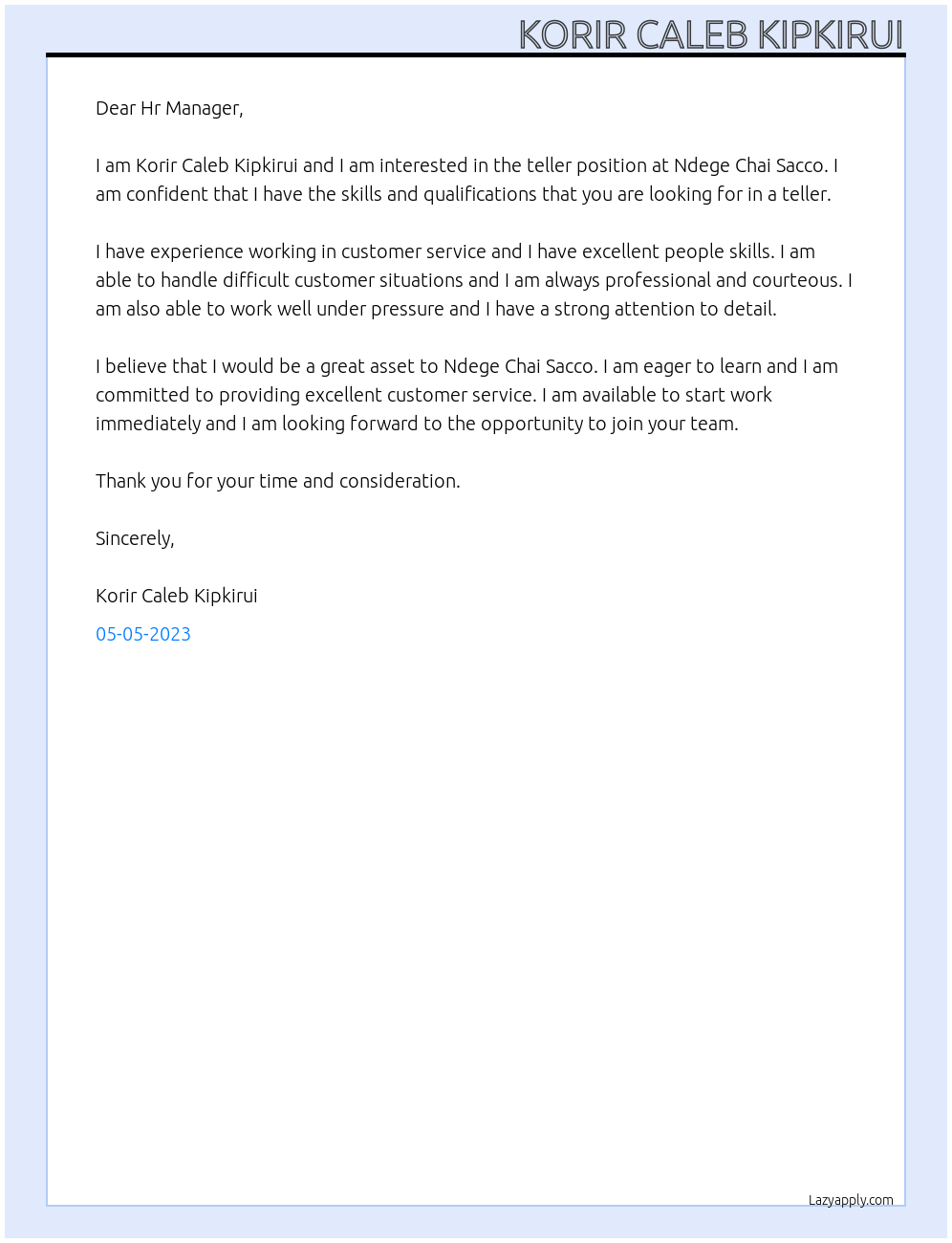 Teller At Ndege Chai Sacco Cover Letter