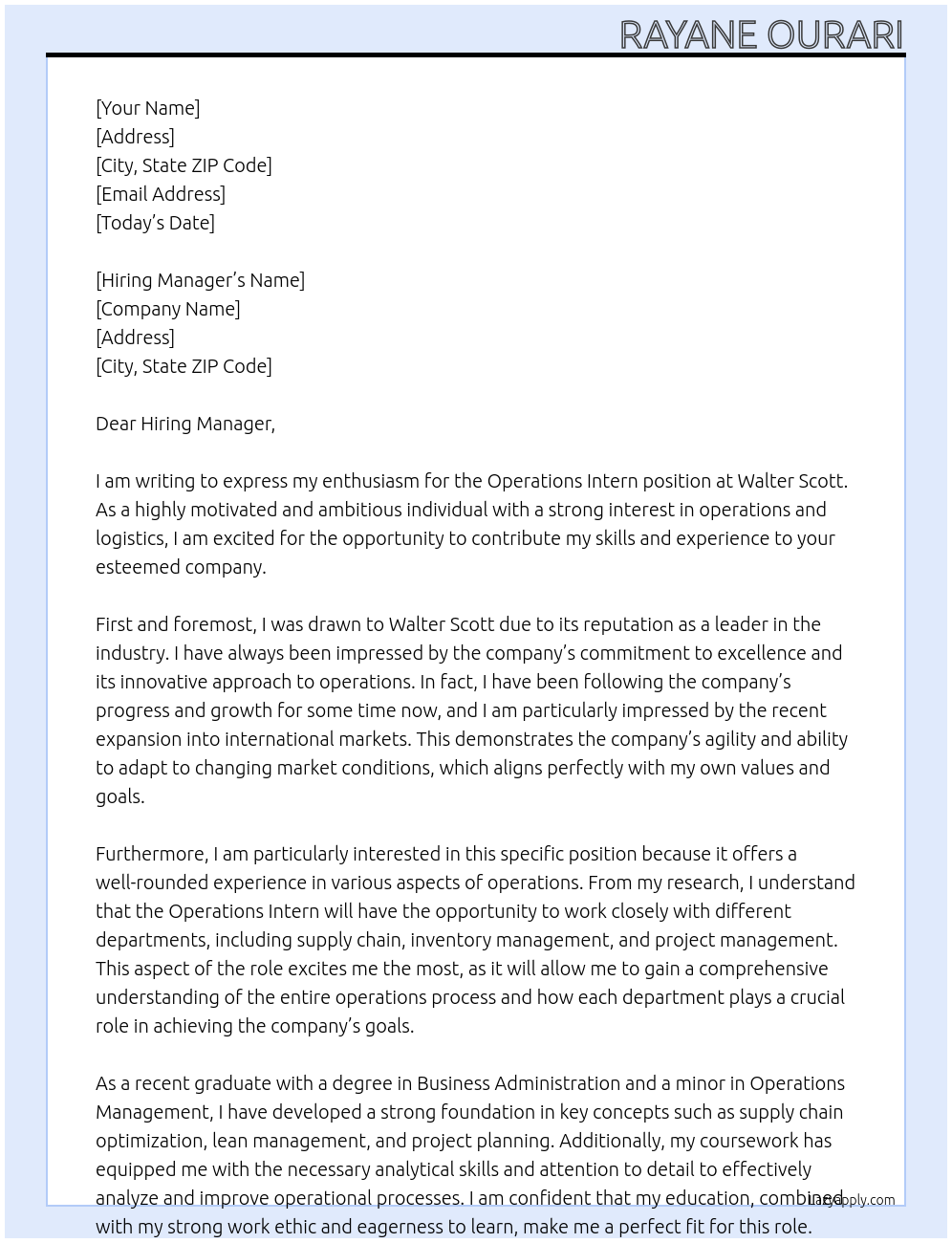 operations intern At Walter scott Cover Letter