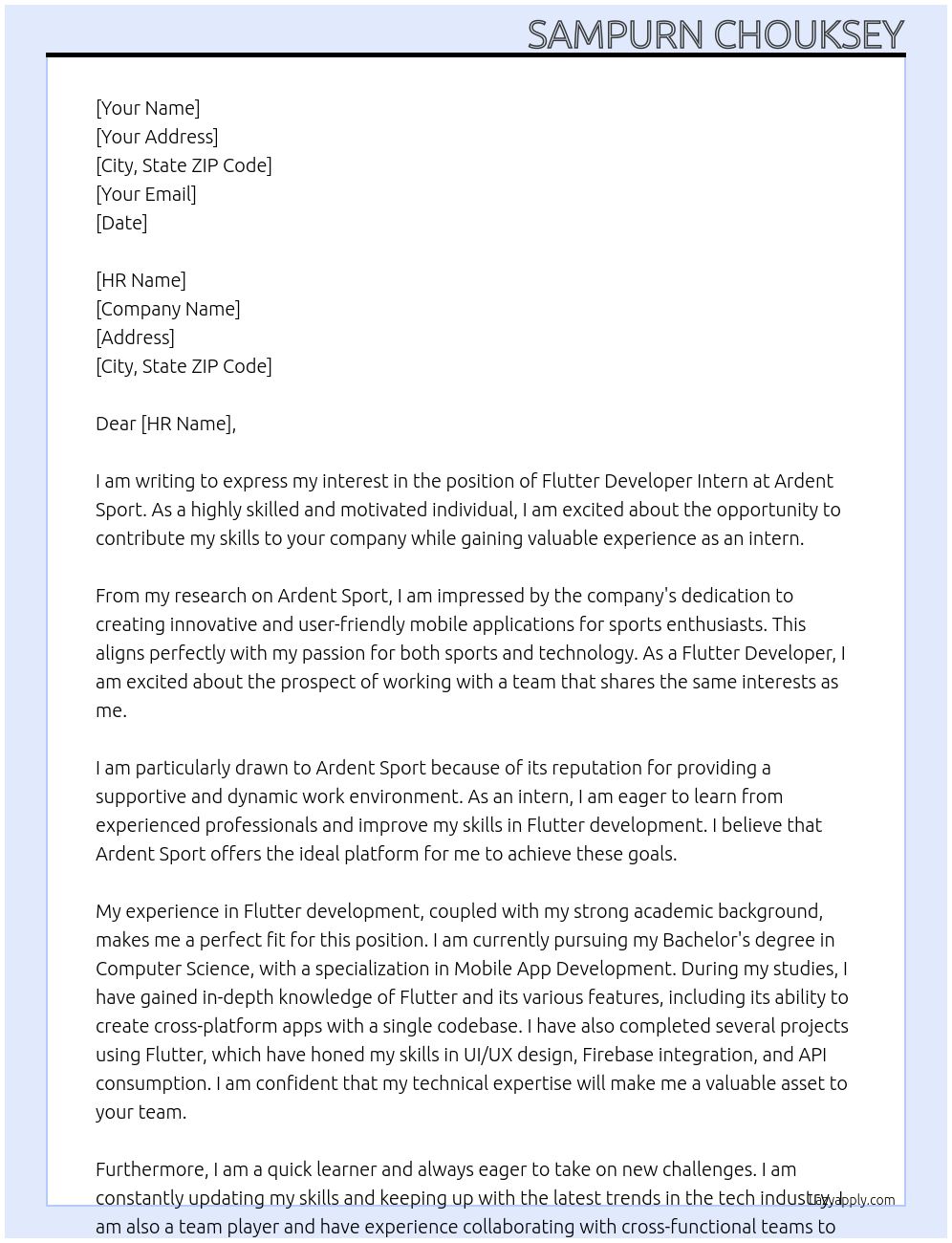 Flutter Developer Intern At Ardent Sport Cover Letter