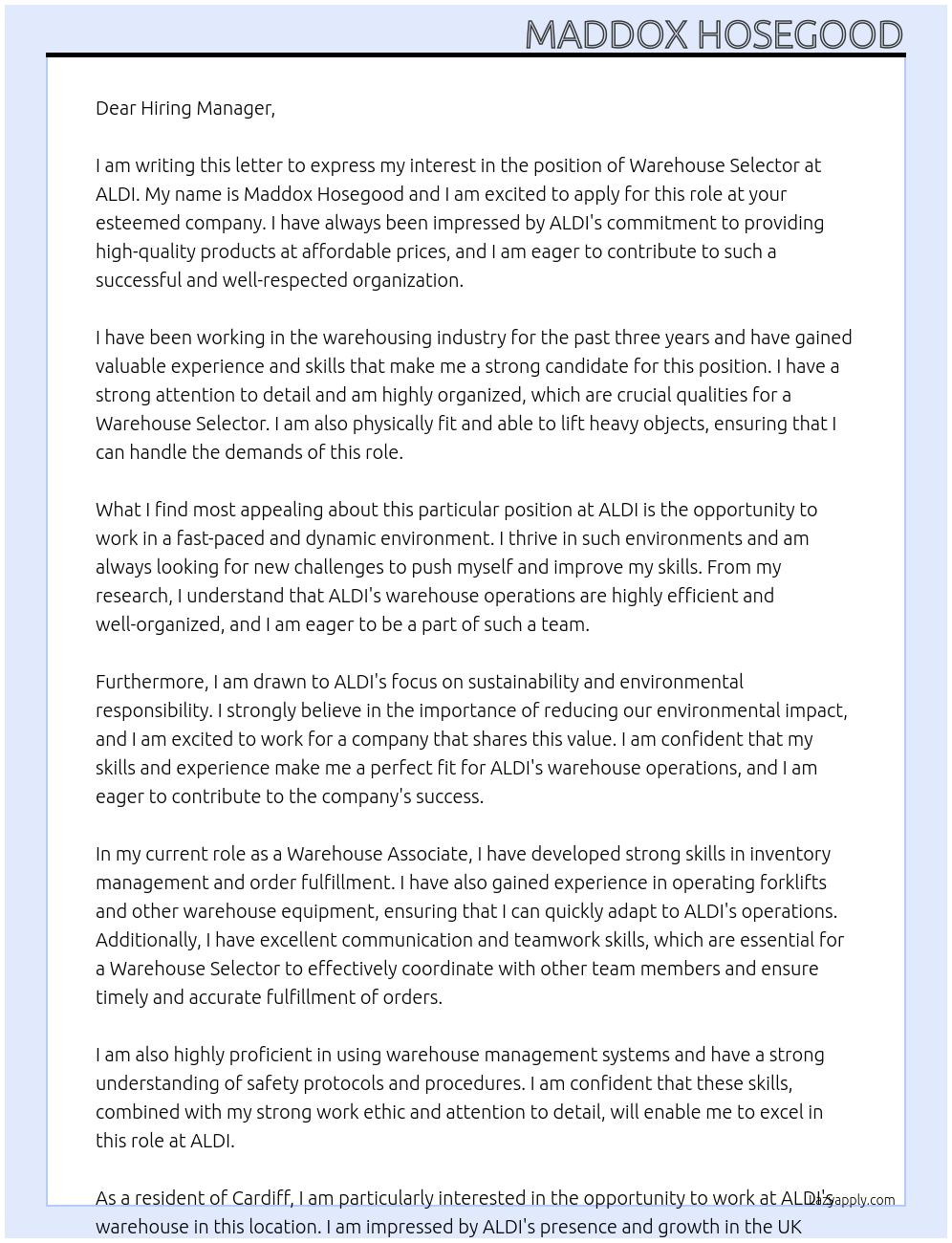 Warehouse Selector At ALDI Cover Letter