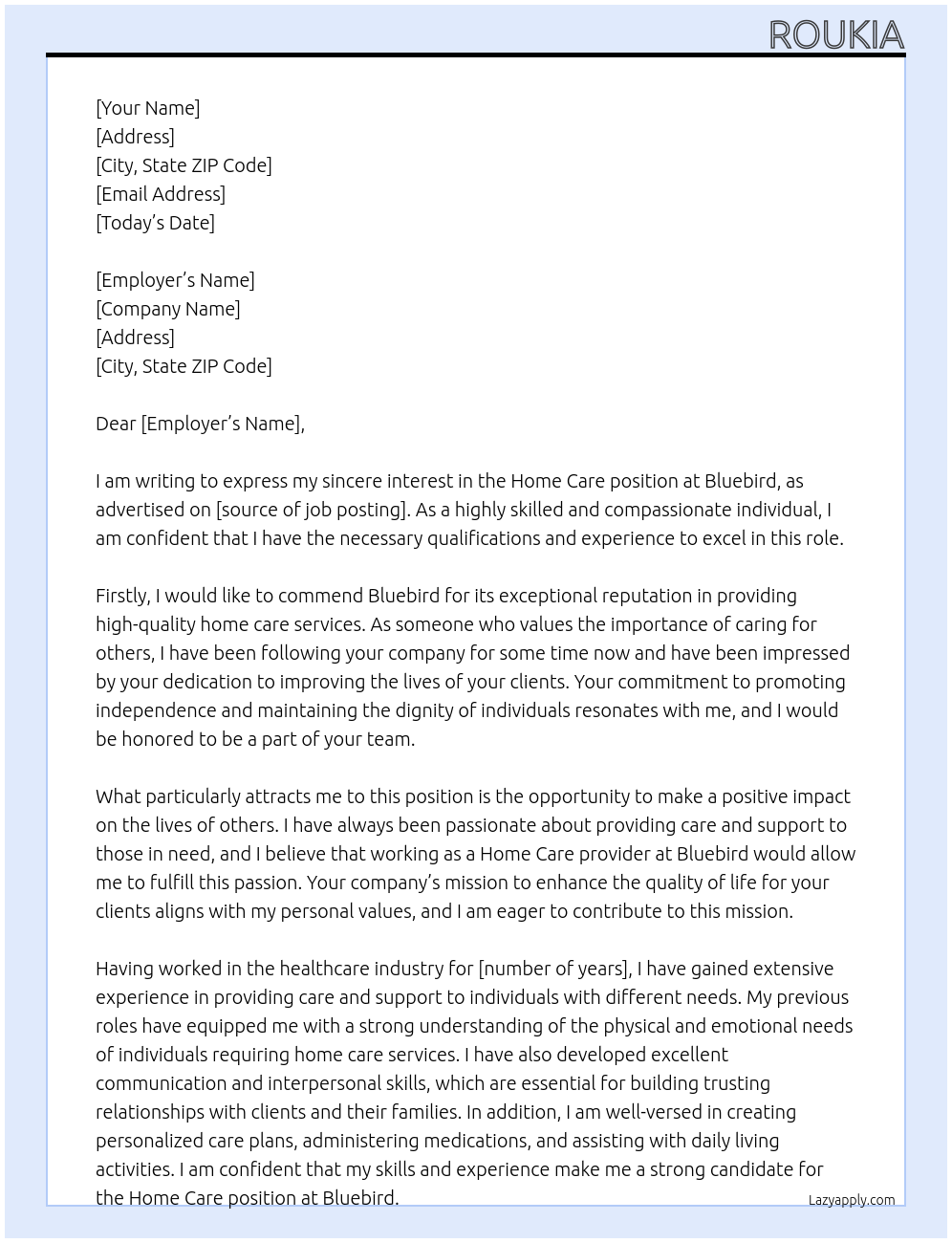 home care At bluebird Cover Letter