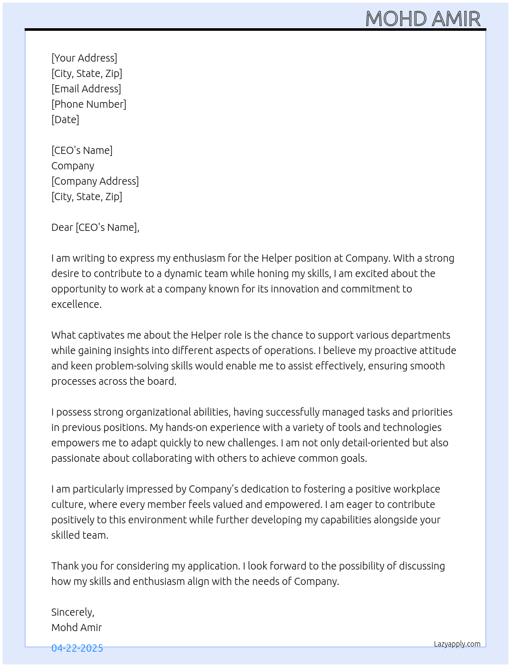Helper At Company  Cover Letter
