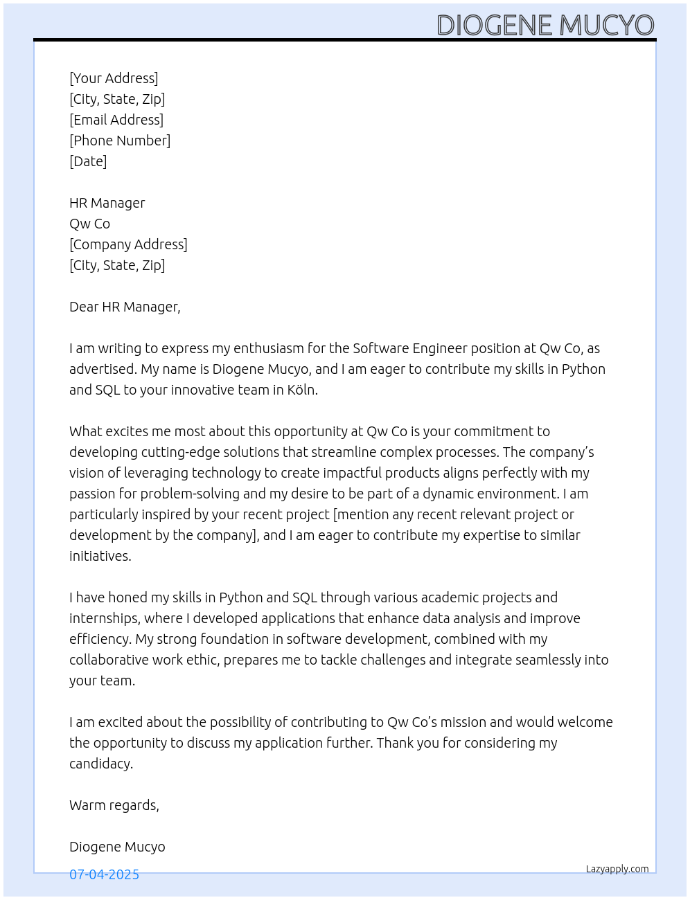 Software engineer At Qw co Cover Letter