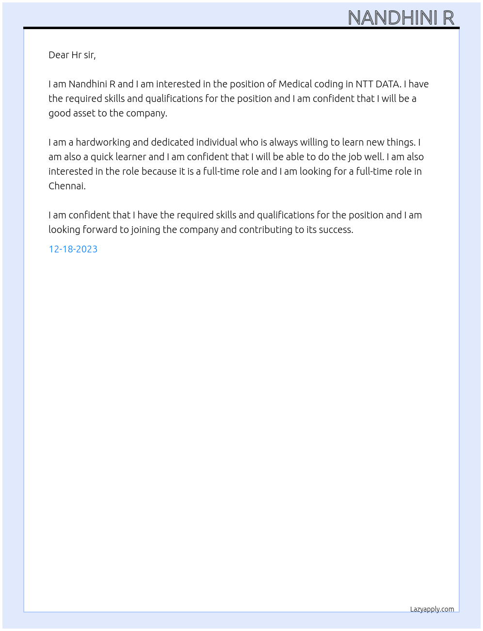 Medical coding At NTT DATA Cover Letter