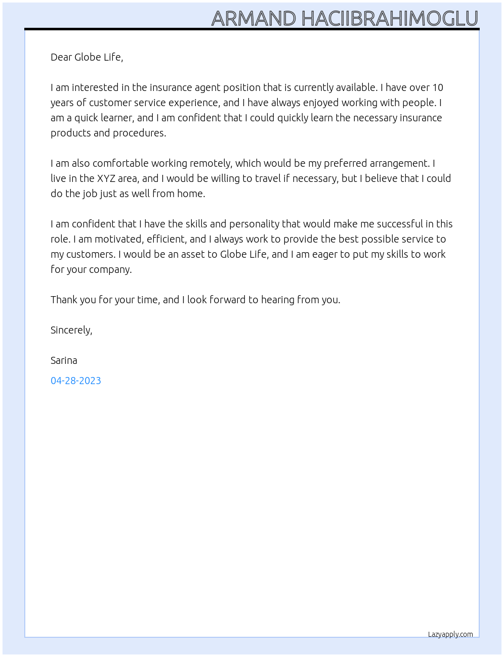 insurance agent At Globe Life Cover Letter