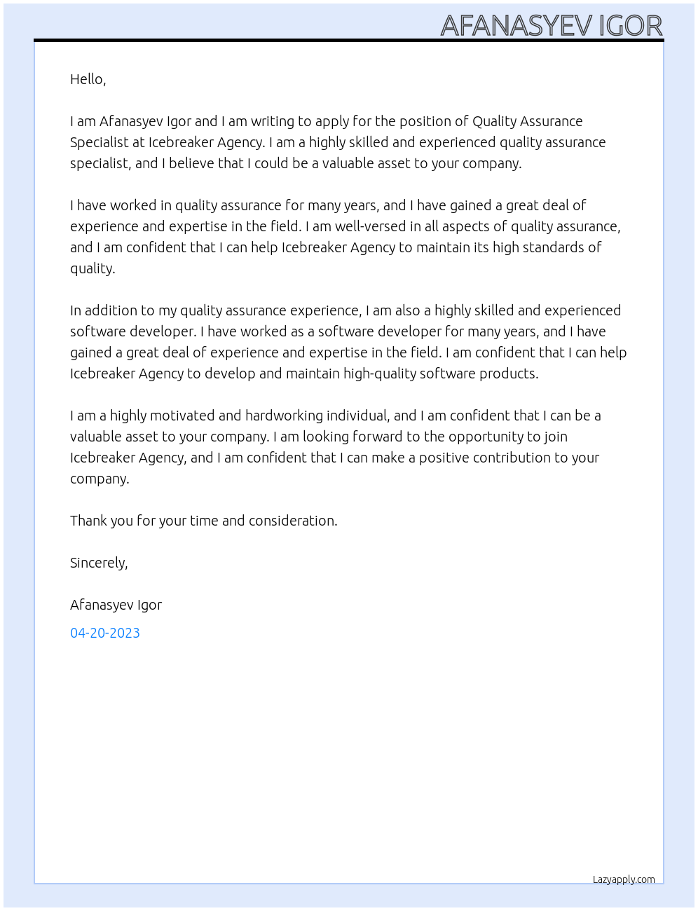 Quality Assurance Specialist At Icebreaker Agency Cover Letter