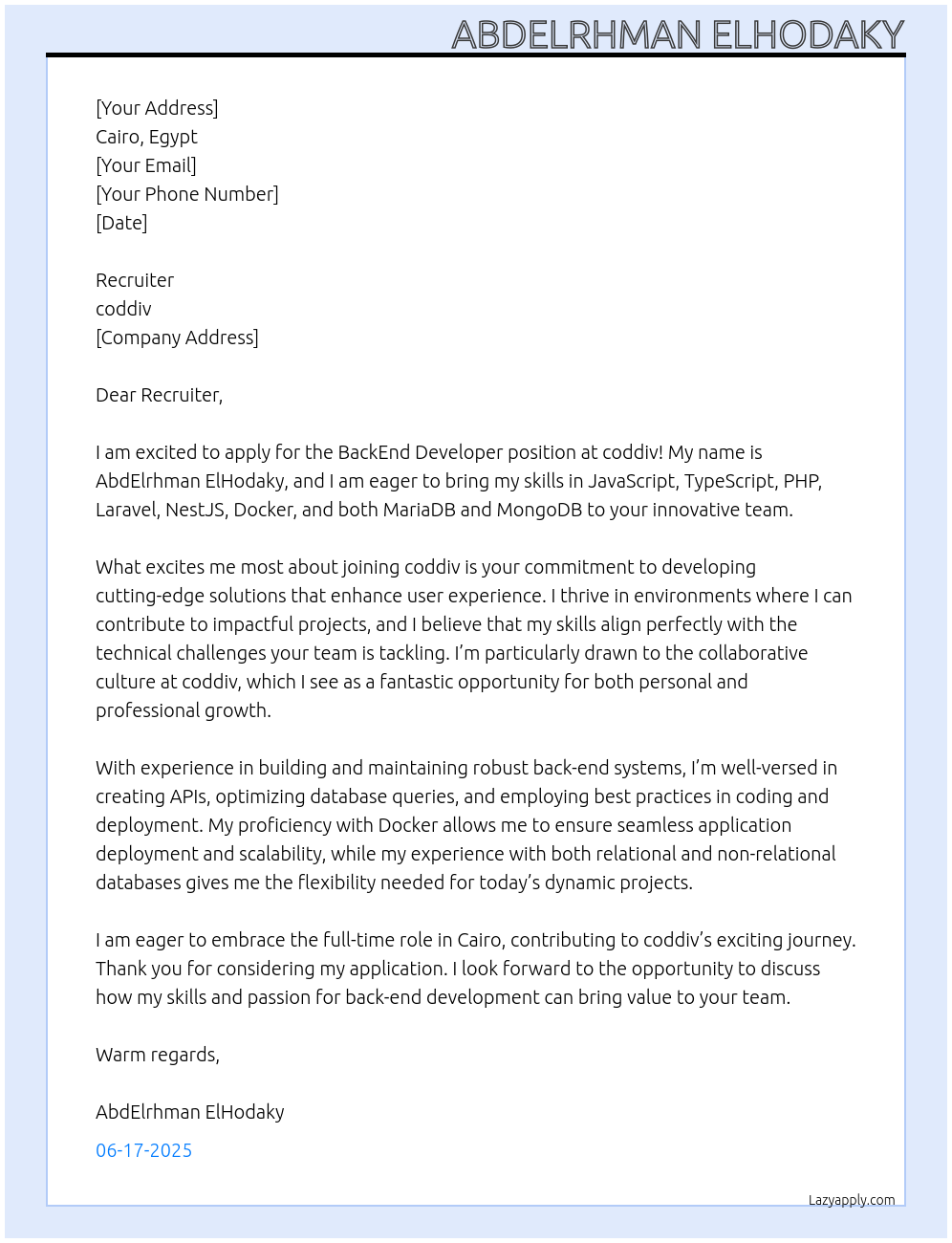 BackEnd Developer At coddiv Cover Letter