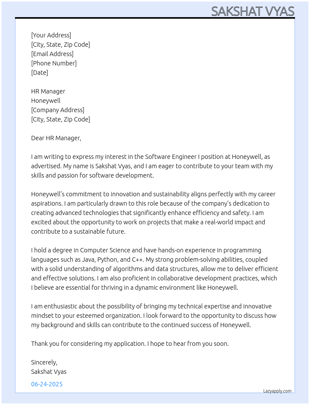 Software Engineer I At Honeywell Cover Letter