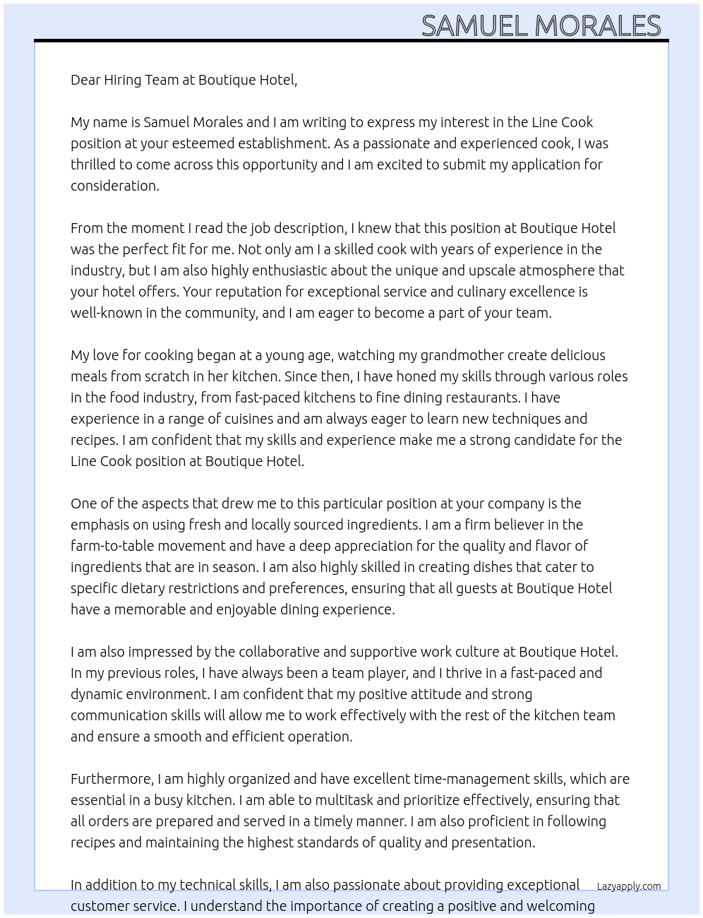 Line cook At Boutique hotel Cover Letter