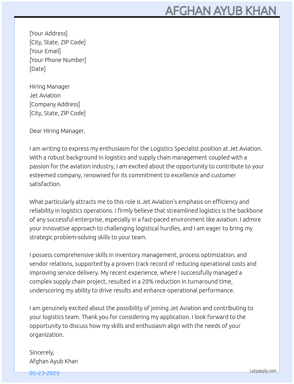 Cover letter for logistics specialist - LazyApply