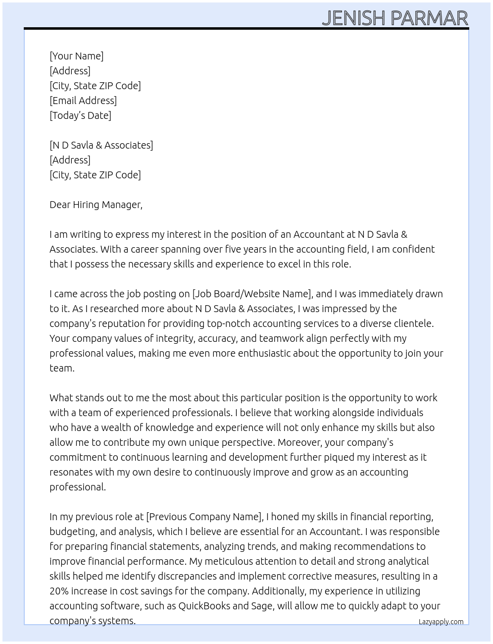 accounting At N D Savla & Associates Cover Letter