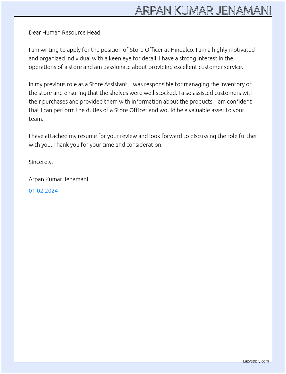 STORE OFFICER At HINDALCO Cover Letter