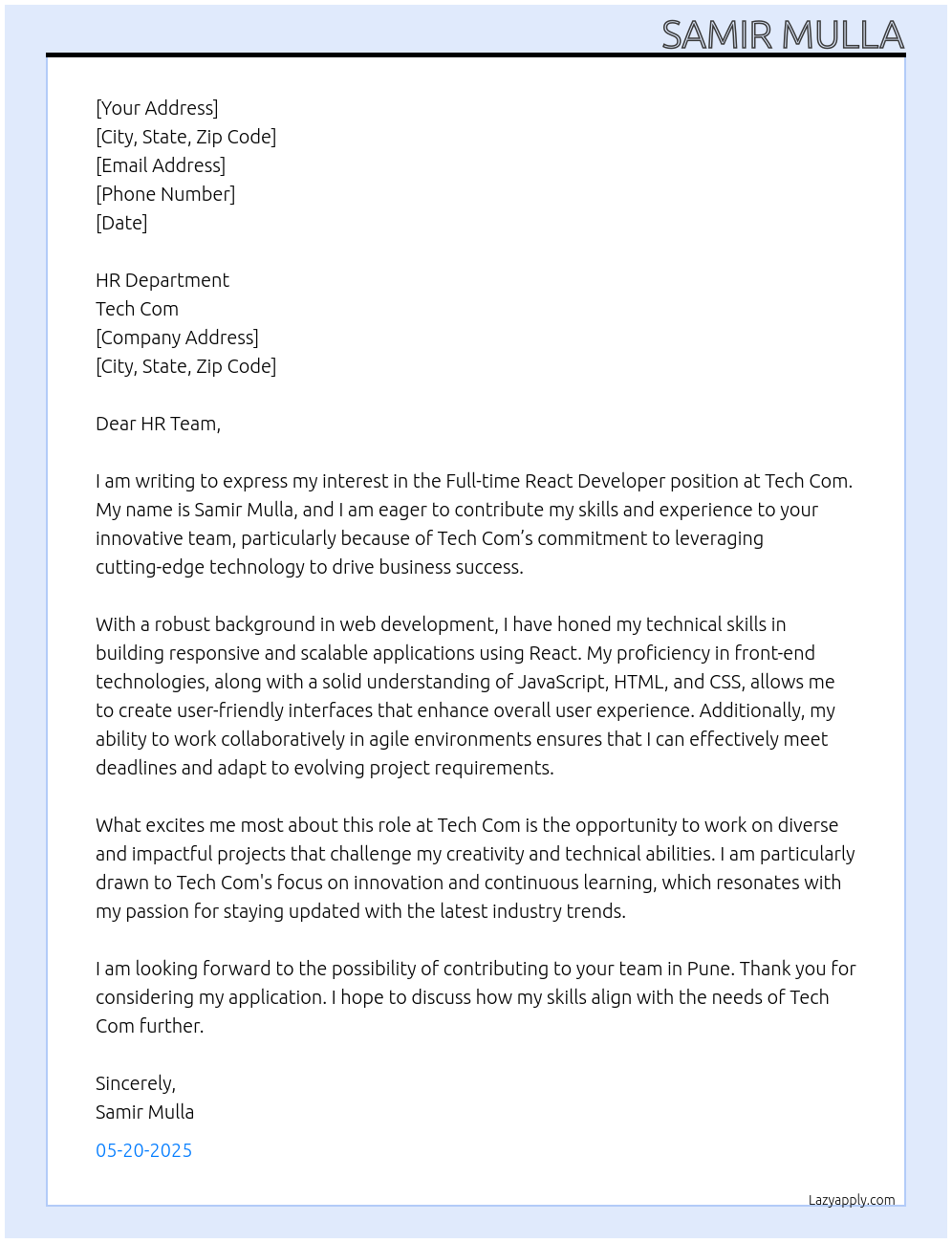 react developer At tech com Cover Letter