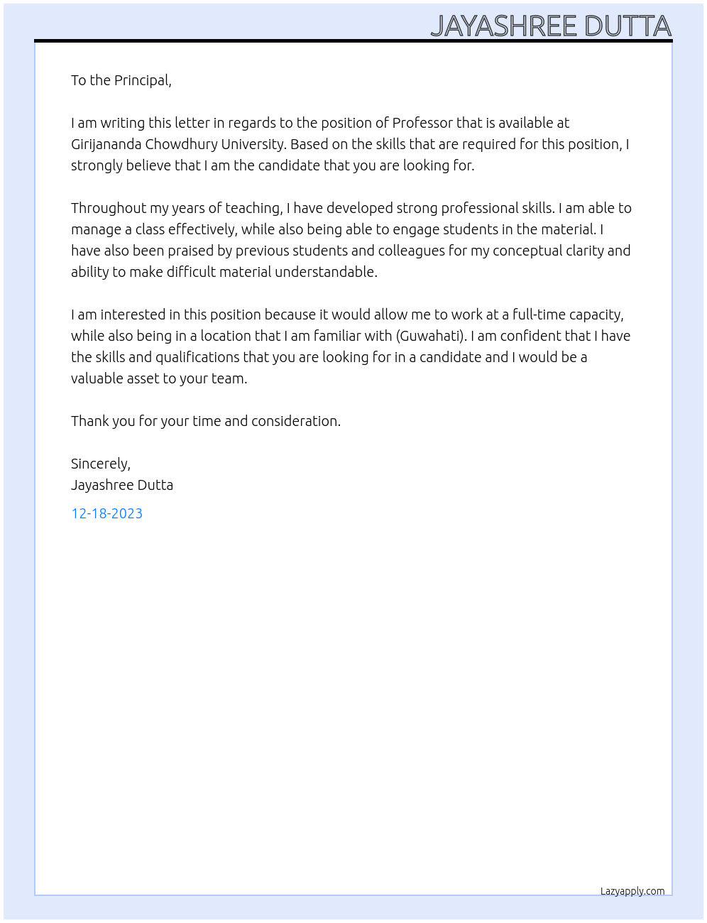 Professor At Girijananda Chowdhury University Cover Letter