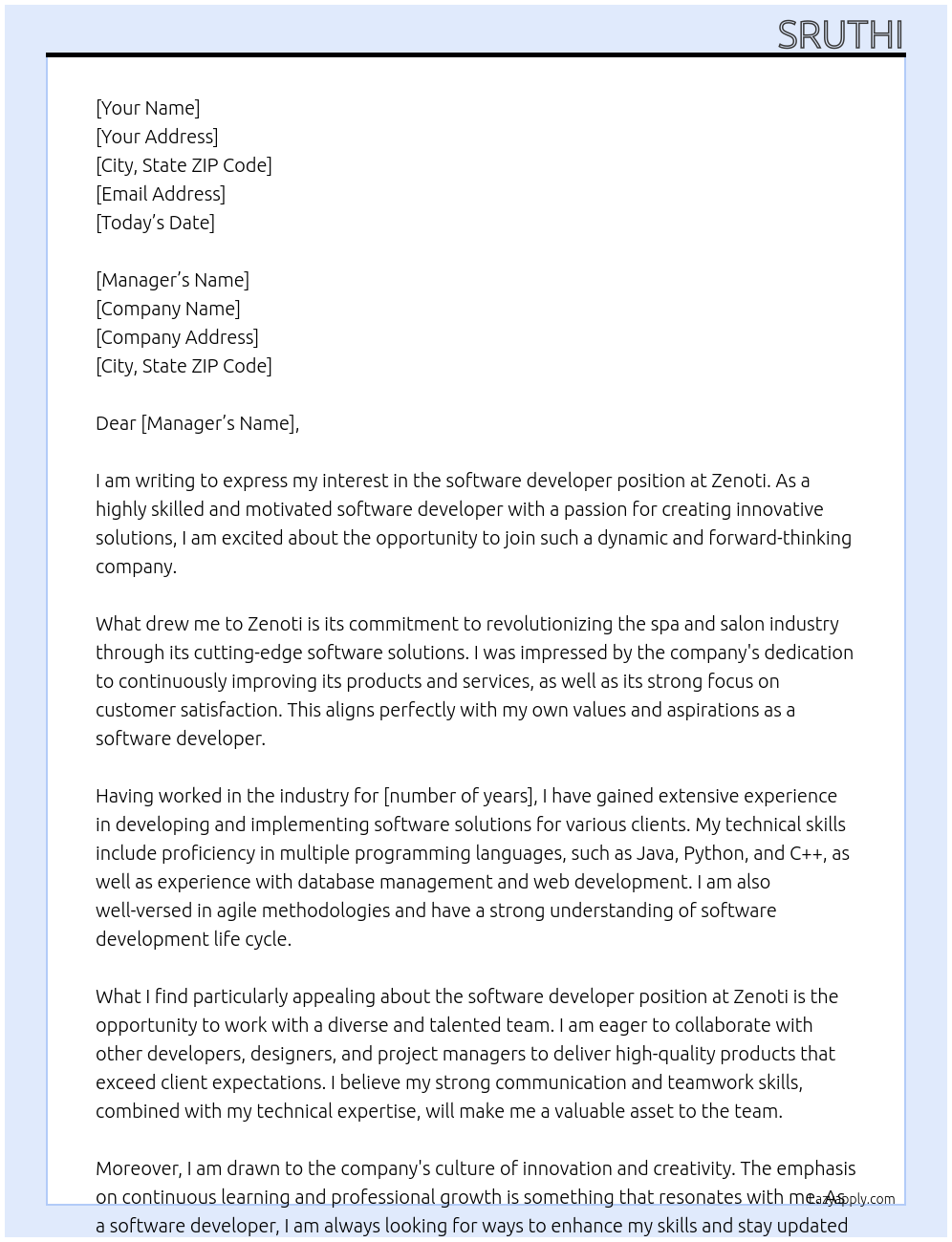 software developer At zenoti Cover Letter