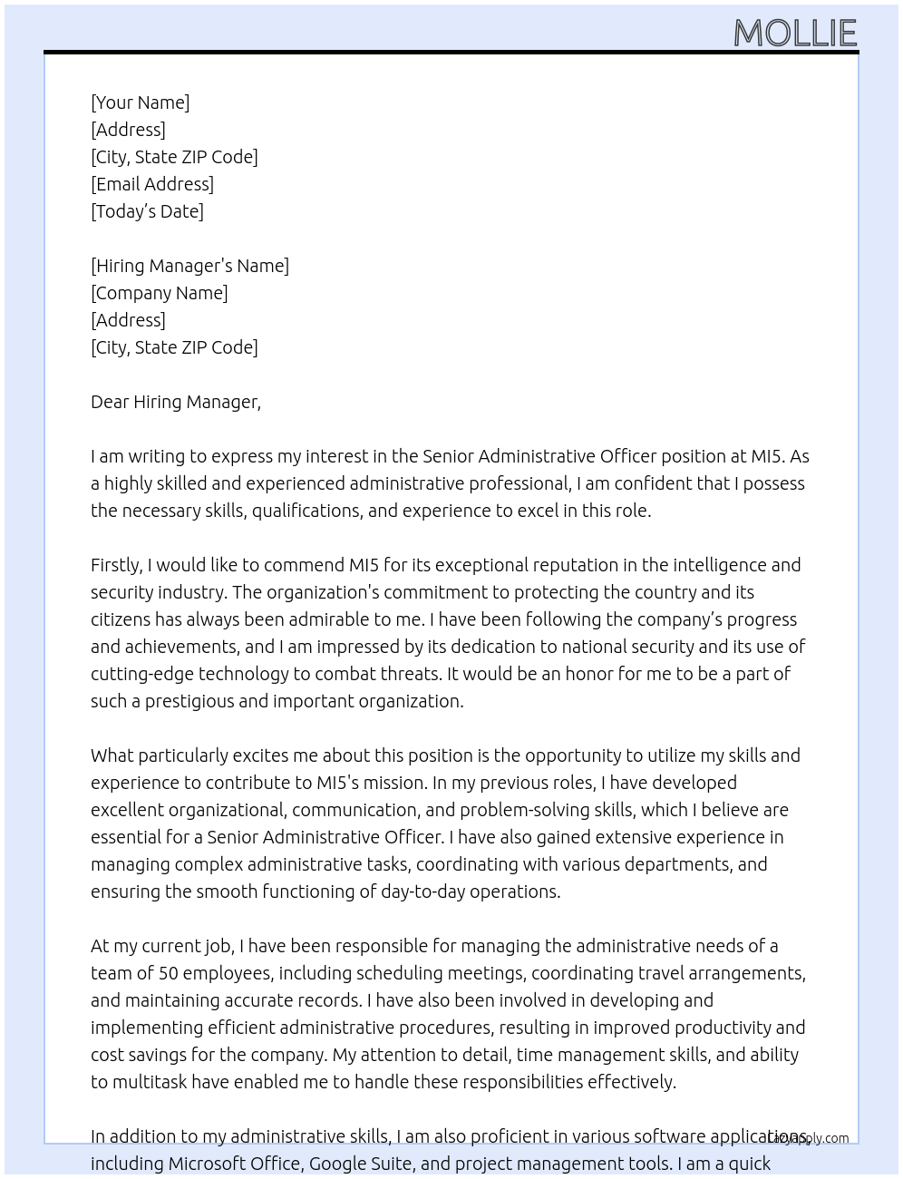Senior Administrative Officer At MI5 Cover Letter