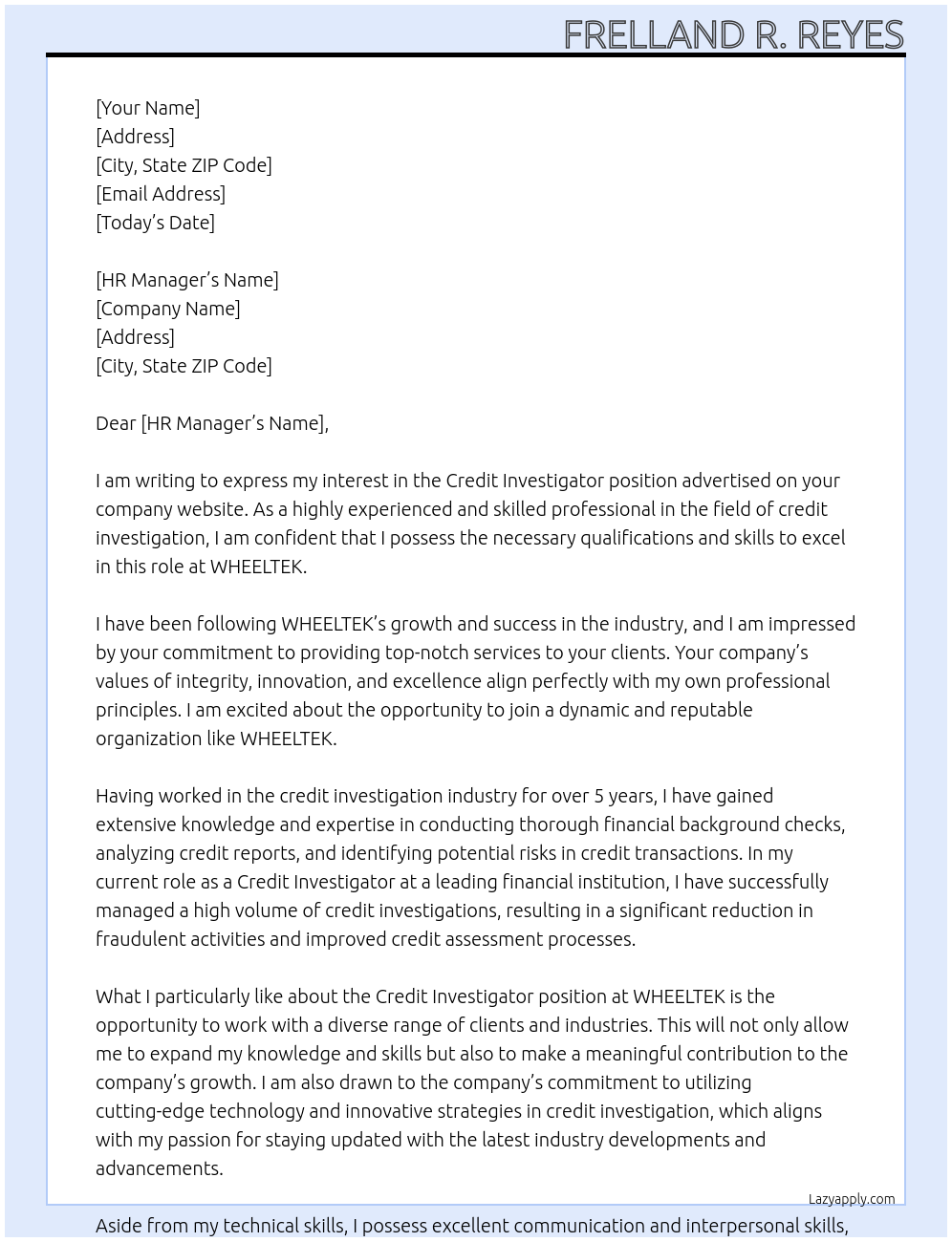 credit investigator At WHEELTEK Cover Letter