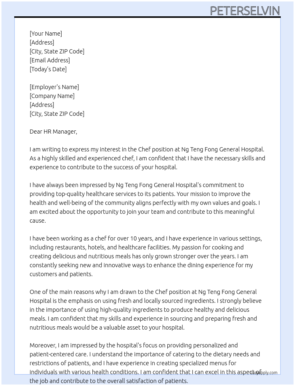 Chef At Ng Teng Fong General Hospital Cover Letter