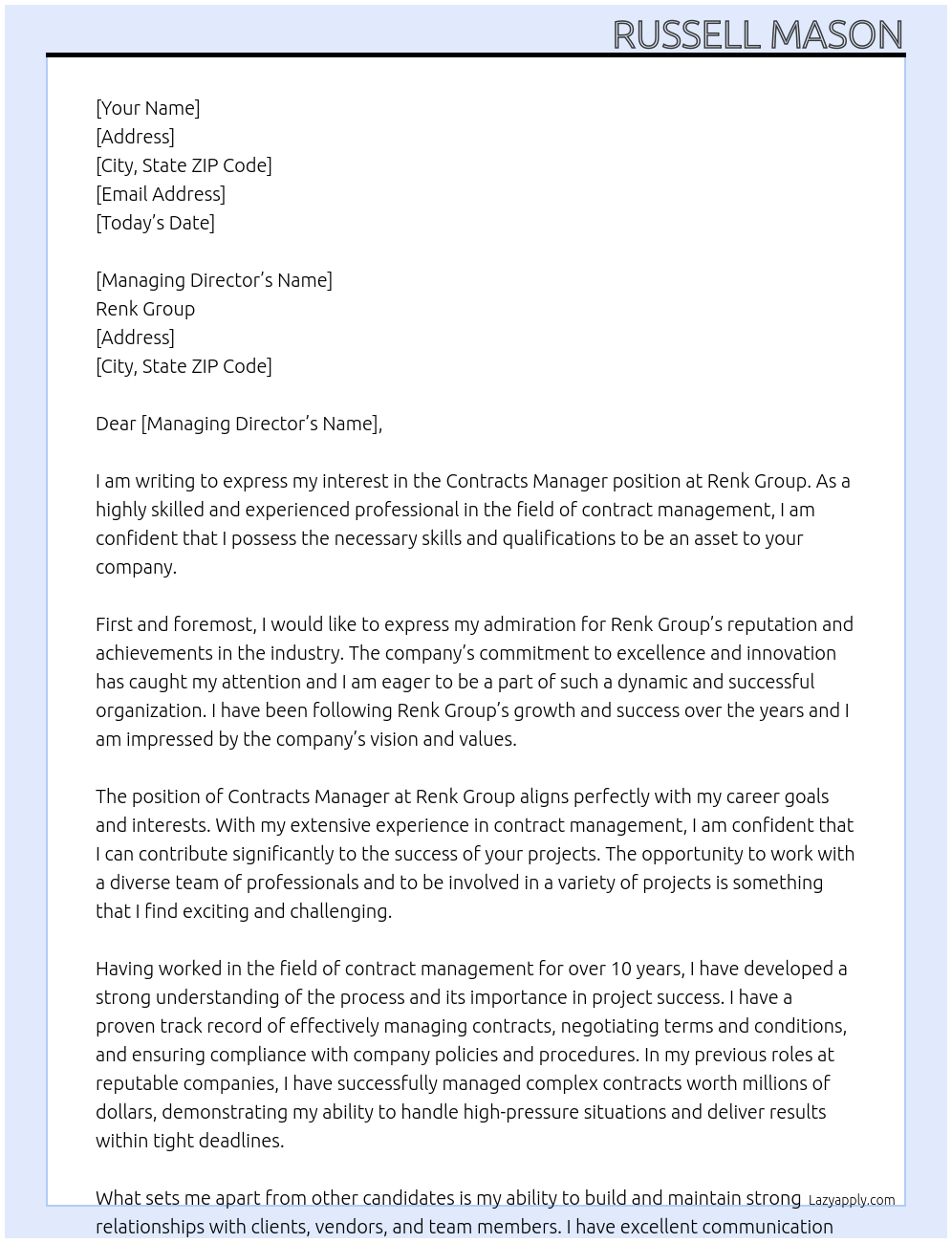 Contracts Manager At Renk Group Cover Letter