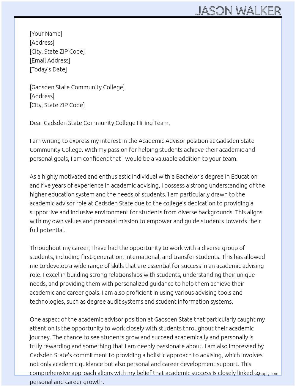 academic advisor At Gadsden State Cover Letter