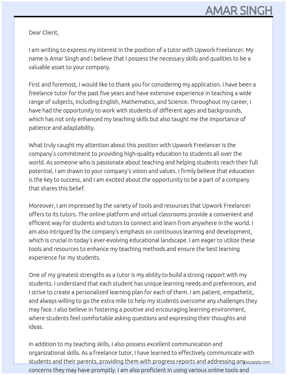 tutor At upwork freelancer Cover Letter