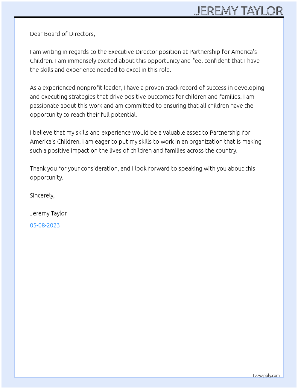 Executive Director At Partnership for America's Children Cover Letter