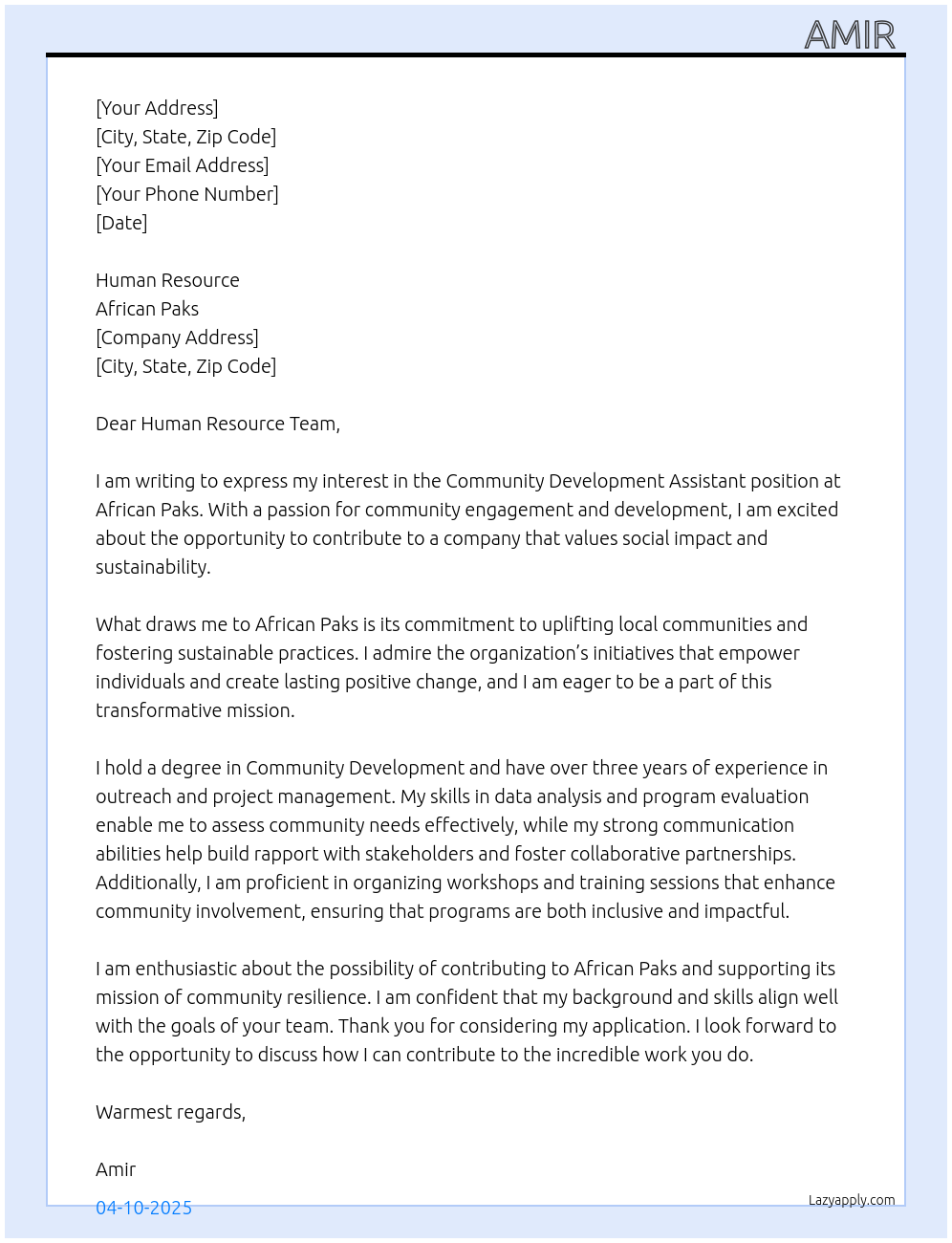 COMMUNITY DEVELOPMENT ASSISTANT At African paks Cover Letter