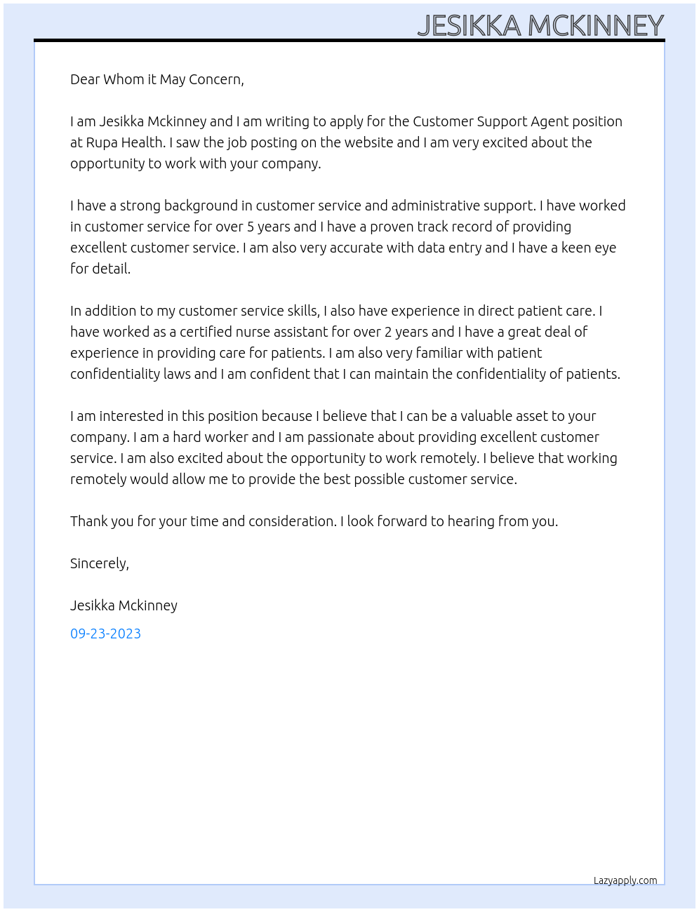 Customer Support Agent At Rupa Health Cover Letter