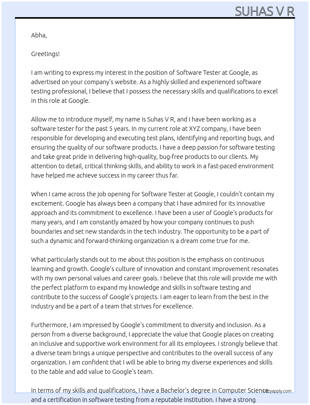 Software Tester At Google Cover Letter