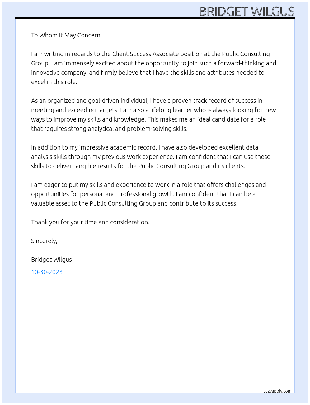 Client Success Associate At Public Consulting Group Cover Letter
