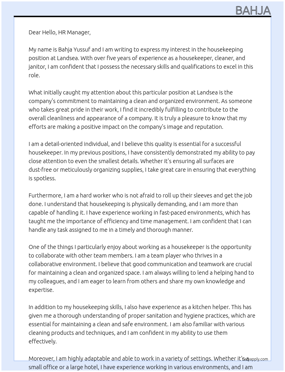 Housekeeping At Landsea Cover Letter