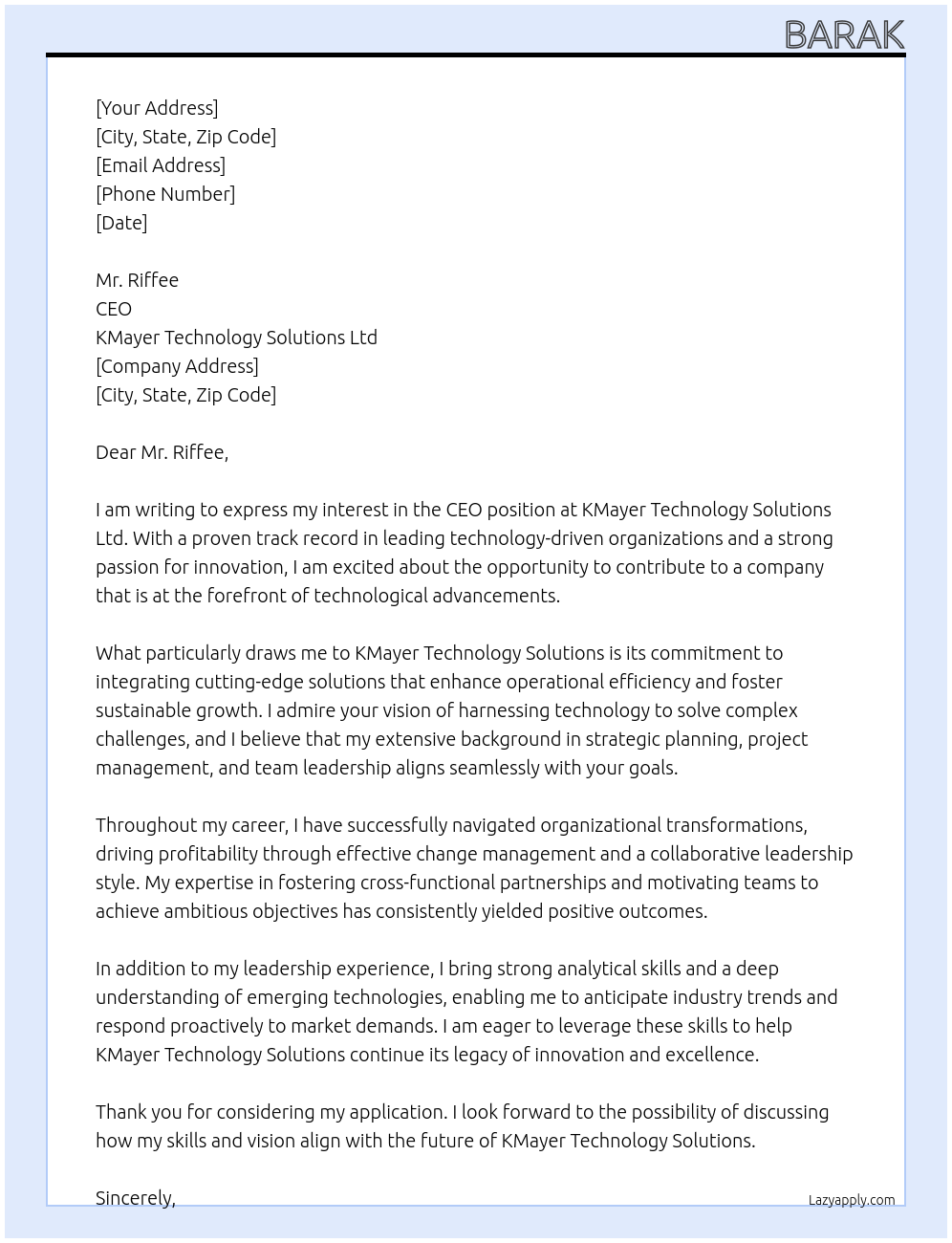 CEO At KMayer Technology Solutions Ltd Cover Letter