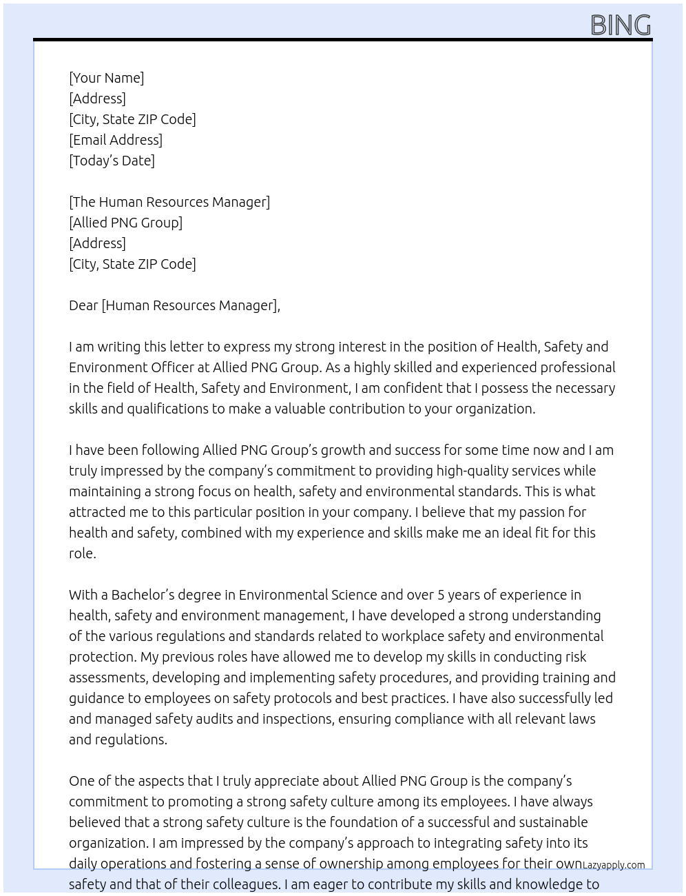 health, safety and environment officer At Allied PNG Group Cover Letter