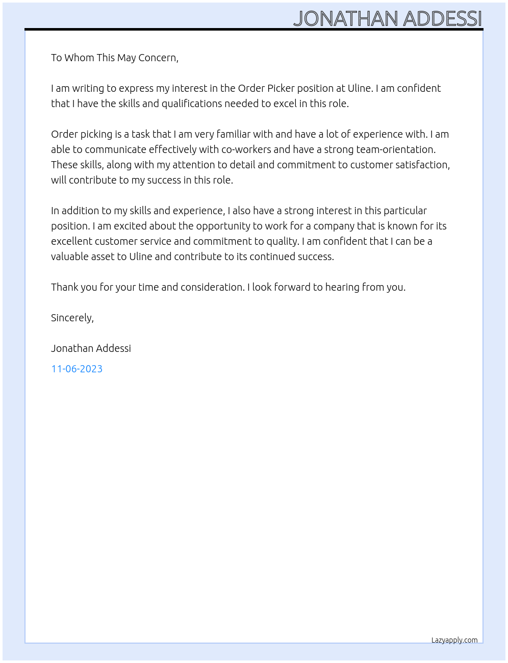 Order Picker At Uline Cover Letter