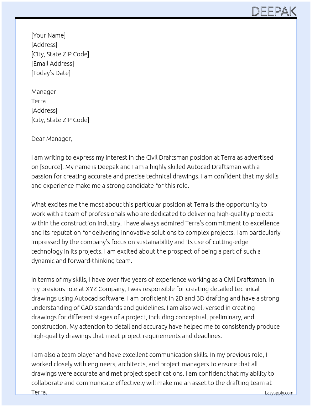 Civil Draftsman At Terra Cover Letter